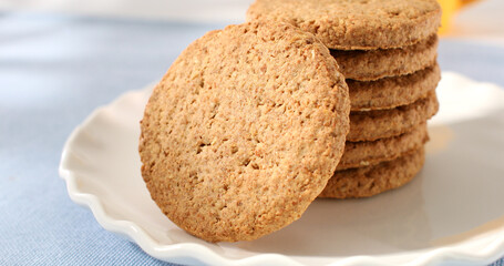 oatmeal cookies close-up. whole grain product. healthy breakfast on a sunny morning. pastries on a blue table. sweets on a plate