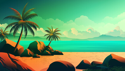 Coconut trees in the beach with some big rocks, beautiful vibrant color landscape