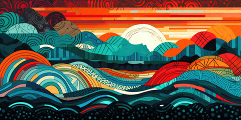 Waves - Gouache Abstract painting / poster / card design, perfect for feature illustration - Tropical colours and abstract geometric shapes