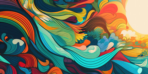 Fototapeta premium Waves - Gouache Abstract painting / poster / card design, perfect for feature illustration - Tropical colours and abstract geometric shapes