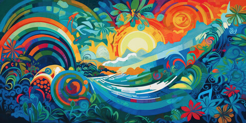 Waves - Gouache Abstract painting / poster / card design, perfect for feature illustration - Tropical colours and abstract geometric shapes