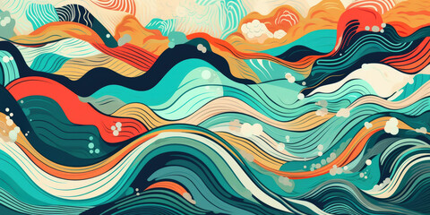 Waves - Gouache Abstract painting / poster / card design, perfect for feature illustration - Tropical colours and abstract geometric shapes