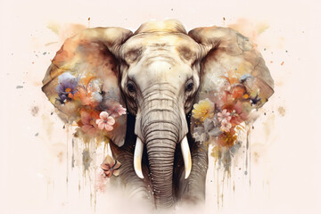 Generative AI. Watercolor painting of an elephant with flowers