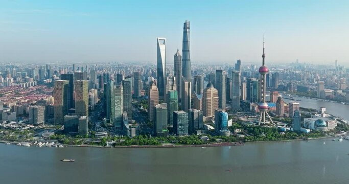 Aerial footage of city skyline and modern buildings in Shanghai, China. Famous city landmarks in China.