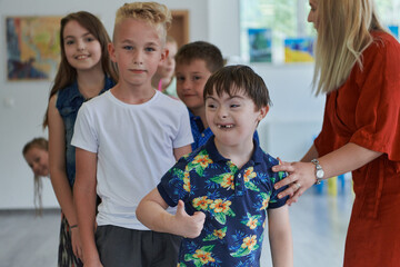Preschool children wait in line for new and interesting games. Selective focus 