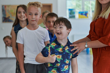 Preschool children wait in line for new and interesting games. Selective focus 