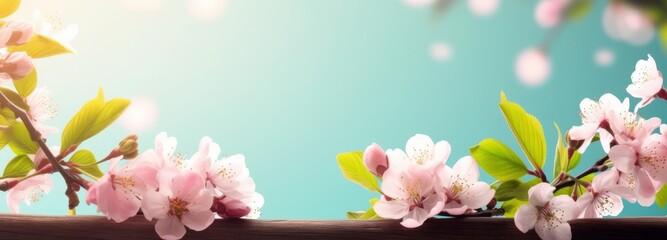 Natural Cherry Blossom Background for Product Mockup Display, Springtime with Turquoise Background, AI Generative