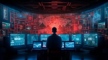 Anonymous hacker, immersed in a high-tech control room, surrounded by screens displaying lines of code and encrypted data. Cybersecurity, Cybercrime, Cyberattack. Generative AI