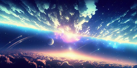anime style sunrise in the space