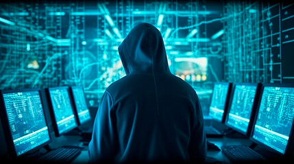 Anonymous hacker, shrouded in a hoodie, seated before a prominent monitor, engrossed in the act of hacking with lines of intricate code. Cybersecurity, Cybercrime, Cyberattack, Generative AI