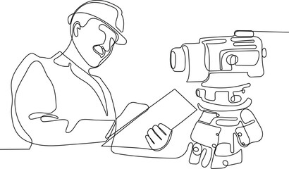 Close up of Caucasian worker with helmet on head using tablet for work while standing in warehouse. Surveyor with a tripod icon. Geodesic tripod. Vector illustration