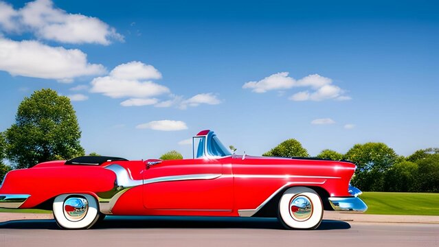 A 1950s Red Convertible Parked On A Sunny Day