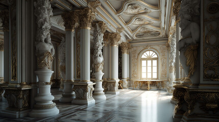 Fototapeta premium Luxury interior of the royal palace with beautiful golden ornaments. Generative ai illustration