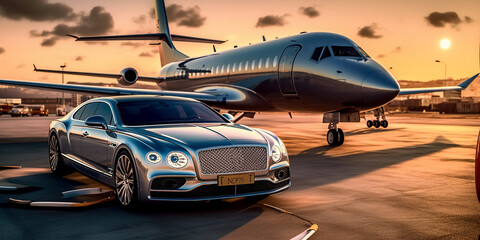 Super car and private jet on landing strip. Business class service at the airport. Business class transfer. Airport shuttle. digital ai - obrazy, fototapety, plakaty
