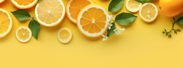 Summer tropical background with citrus fruits, leaves and mint leaves. Orange, lemon, lime on yellow background. Summer concept. Flat lay, top view, copy space