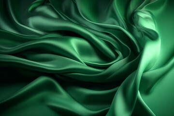 Obraz premium Close-up of rippled green silk fabric as abstract background. Generative ai illustration