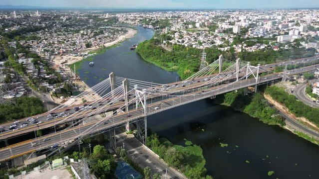 Aerial view of Juan Pablo Duarte bridge over The Ozama River. Santo Domingo, Dominican Republic