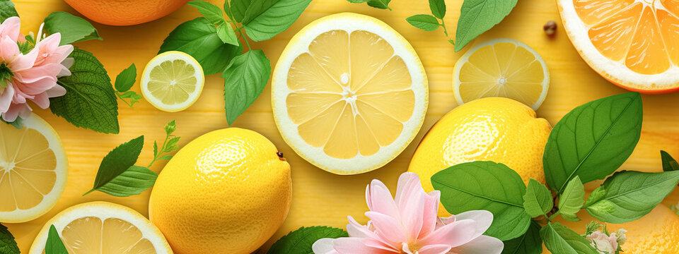 Summer tropical background with citrus fruits, leaves and mint leaves. lemon, lime on yellow background. Summer concept. Flat lay, top view, copy space