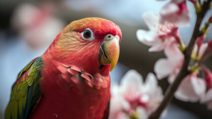 Obraz premium Parrot sitting on a branch of a cherry blossom tree. Generative ai illustration