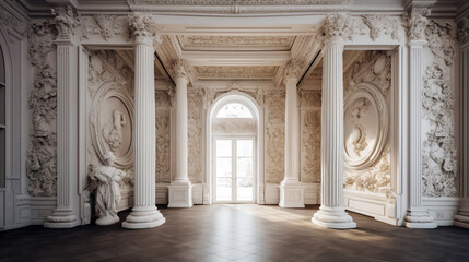 Fototapeta na wymiar Luxury interior design of the royal palace with columns and beautiful walls. Generative ai illustration