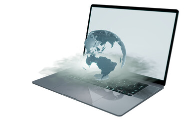 3D laptop and illustration of transparent and cloud globe 