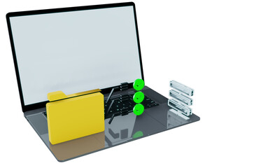 Laptop and Forder illustrations and network server databases or 3D rendering data storage