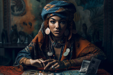 Beautiful gypsy fortune teller with tarot cards against a dark textured background.  Generative AI. - obrazy, fototapety, plakaty
