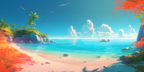 Naklejka na ściany i meble background illustration beach paradise, tropical, white sand, turquoise water, blue sky
