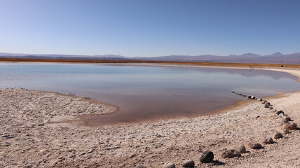 Foto de um lago no meio do deserto do Atacama, no Chile, destacando a beleza única da paisagem...
