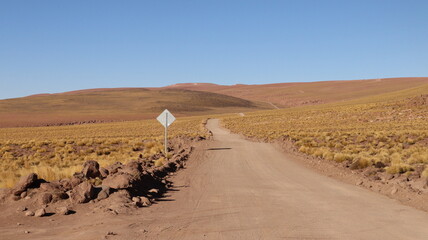 Fototapeta na wymiar Estrada de terra seca que atravessa o deserto do Atacama no Chile. 