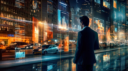 Businessman with futuristic digital screens