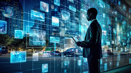 Businessman with futuristic digital screens