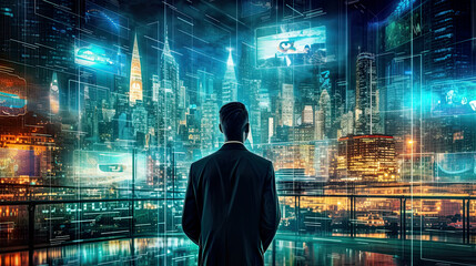 Businessman with futuristic digital screens