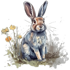 Watercolor portrait of wild rabbit in color tone and mood style. Watercolor paint and splash on paper. Generative AI