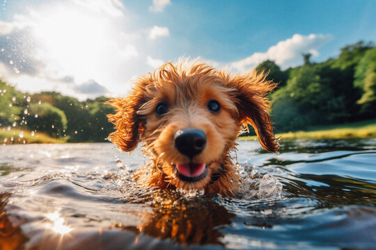 Dog swimming in the water - created with Generative AI technology