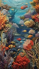 Naklejka na ściany i meble Knit background of underwater coral reef bursting with life including fish and coralMade with the highest quality generative AI tools 