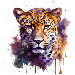 Watercolor portrait of a leopard head in purple color tone and mood style. Watercolor paint and splash on paper. Generative AI