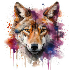 Watercolor portrait of a wolf head in purple color tone and mood style. Watercolor paint and splash on paper. Generative AI
