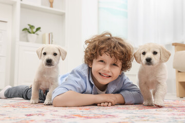 Little boy lying with cute puppies on carpet at home