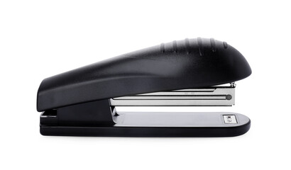 New black stapler isolated on white. Office stationery