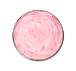 Jar with herring under fur coat isolated on white, top view. Traditional Russian salad