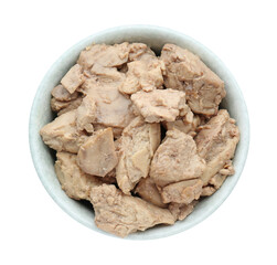 Bowl of tasty cod liver on white background, top view