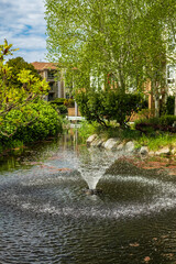 Magical garden pond in the green city park. Beautiful cascading fountain in pond. Atmosphere of relaxation and rest