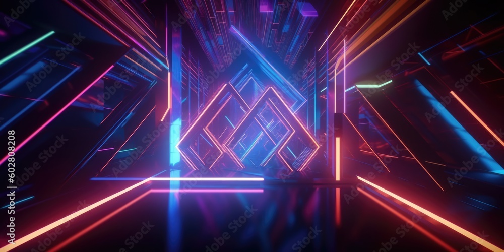 Poster 3d rendering of a futuristic background with geometric shapes and colorful neon lights. generative a
