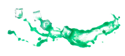 Obraz premium Green paint liquid fly in mid air with ice cube cool, apple vegetable juice falling scatter, explosion float in shape form droplet line. White background isolated freeze motion high speed shutter