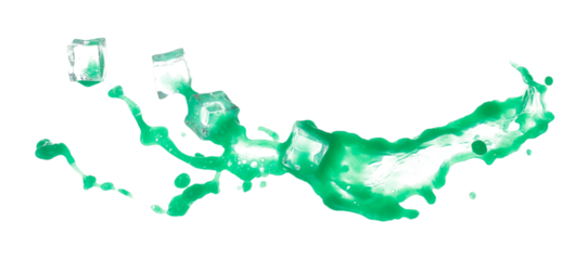 Green paint liquid fly in mid air with ice cube cool, apple vegetable juice falling scatter, explosion float in shape form droplet line. White background isolated freeze motion high speed shutter