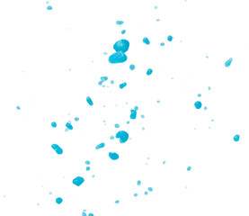 Blue paint water spill splash in shape form. Blue liquid lotion moisturizer cosmetic pour float in mid air. Blue cocktail drink explosion throw fluttering. White background isolated high speed shutter