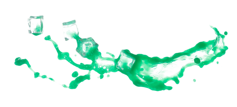 Green paint liquid fly in mid air with ice cube cool, apple vegetable juice falling scatter, explosion float in shape form droplet line. White background isolated freeze motion high speed shutter
