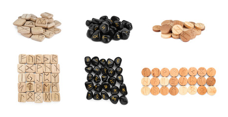Collage with sets of black stone and wooden runes on white background. Divination tool