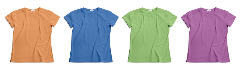 Set of stylish t-shirts on white background, top view